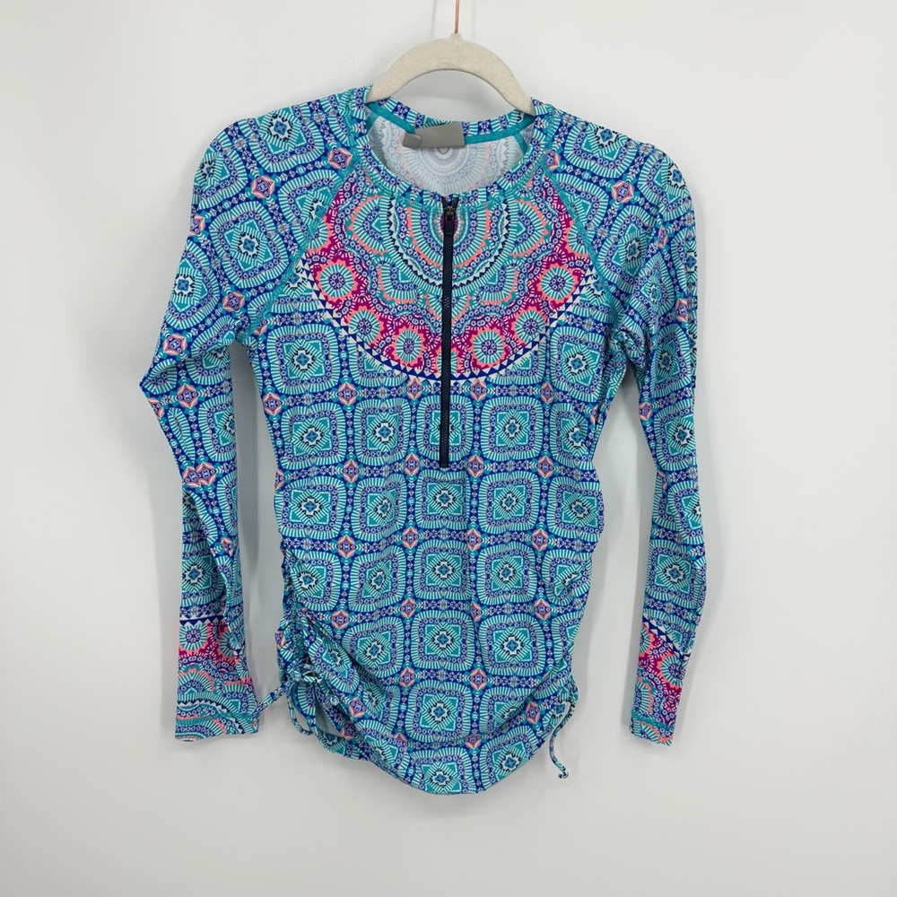 Athleta 1/2 Zip Pullover ruched Side draw string long sleeve geometric blue sz S